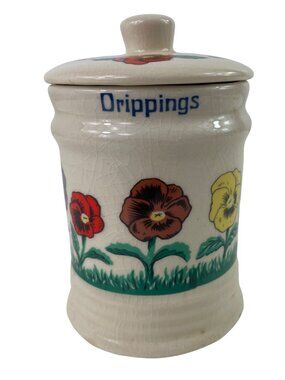 Ceramic Drippings Jar With Lid Featuring Hand-Painted Pansy Flowers Vintage